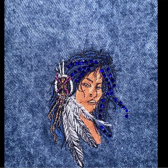 Native American Woman Embroidered Crystal Embellished Jean Jacket - Picture 4 of 12